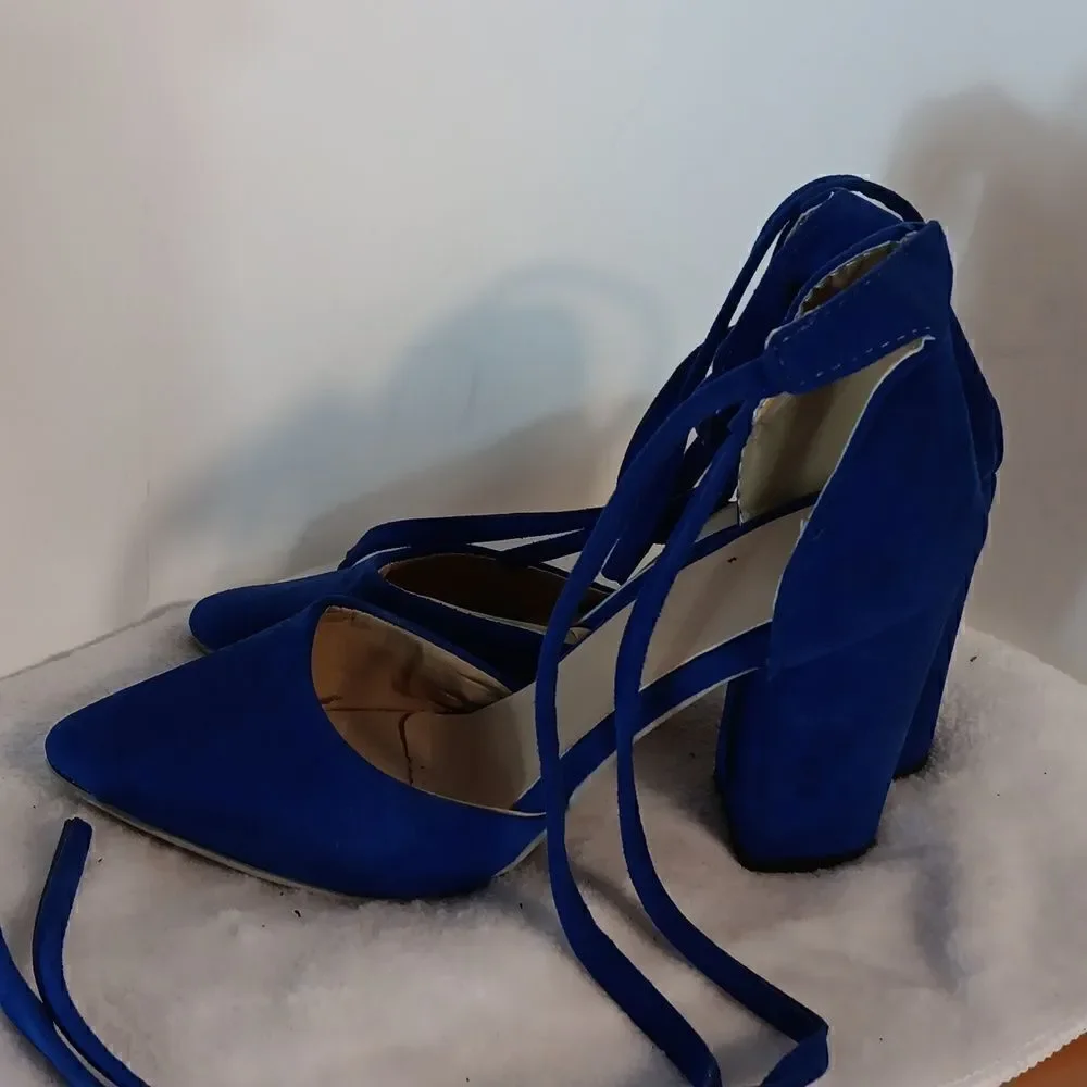 Blue Faux Suede Chunky Heel Ankle Wrap Shoes